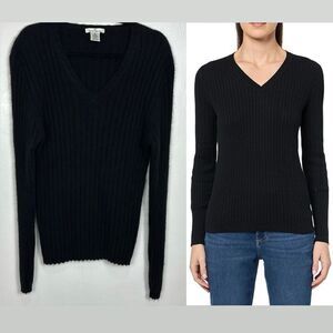 Qi Cashmere Black V-neck Ribbed Knit Fitted Pullover Sweater Size XL